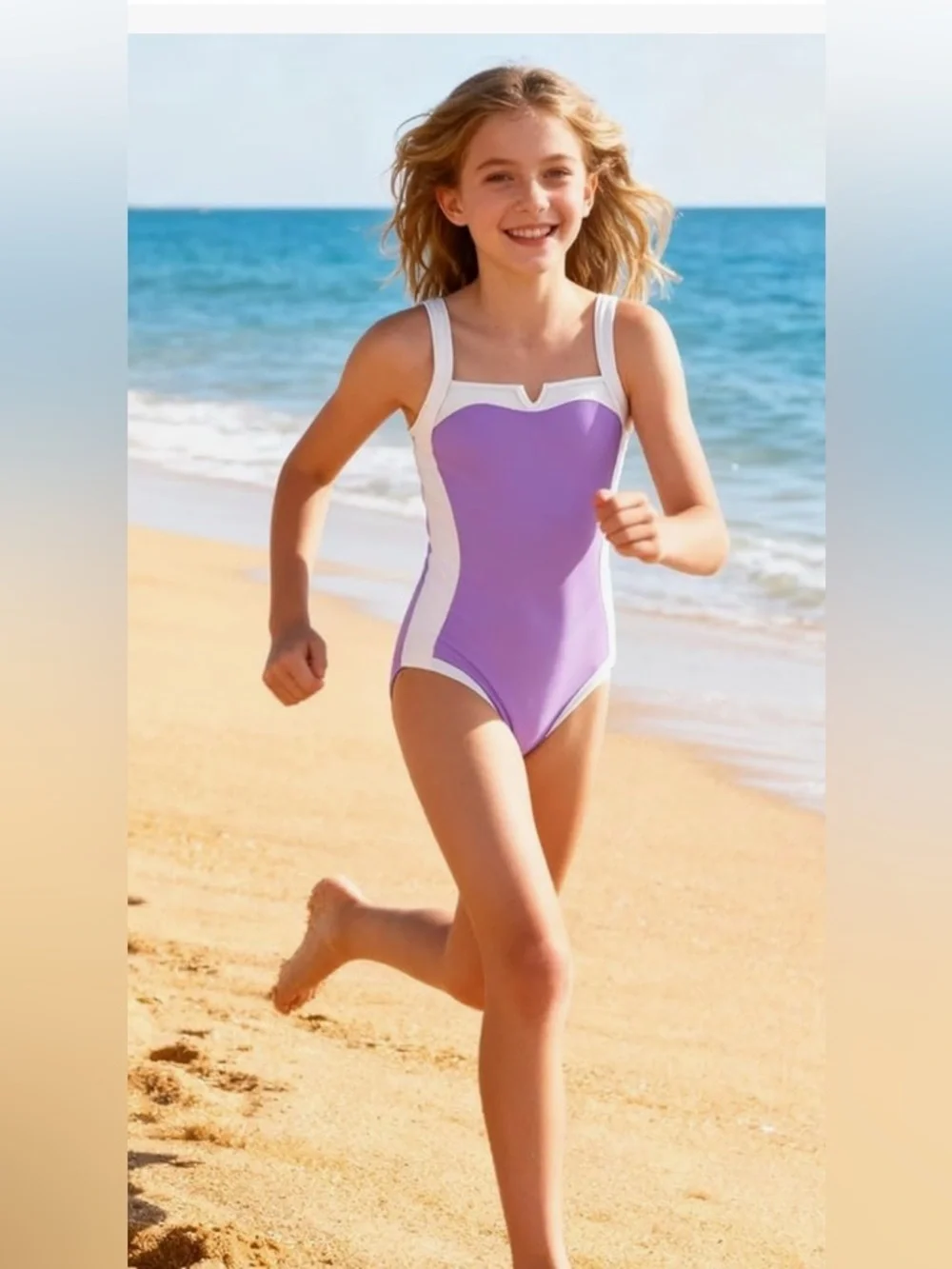 NEW-13-14 Girl purple & white  Adjustable Strap Color Padded Pool Beach Swimwear